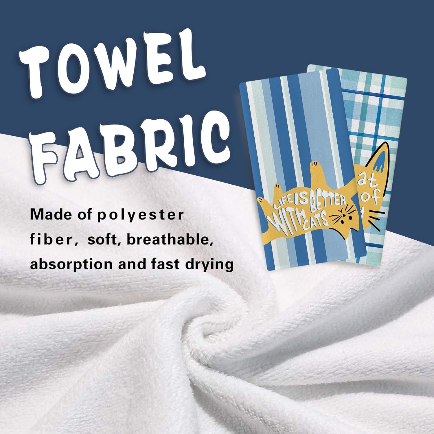 Life is Better with Cats Kitchen Dish Towels Set of 2, Blue Buffalo Plaid Stripes Drying Hand Towel Baking Cooking Cloth, Funny Bathroom Home Decoration Cat Owner Lover Gift 18'' x 26'' - Image 4
