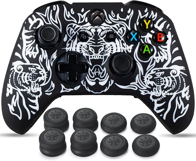 YoRHa Laser Carving Silicone Skin for Xbox One X/S Controller x 1(Tiger Orange) with Pro Thumb Grips x 8