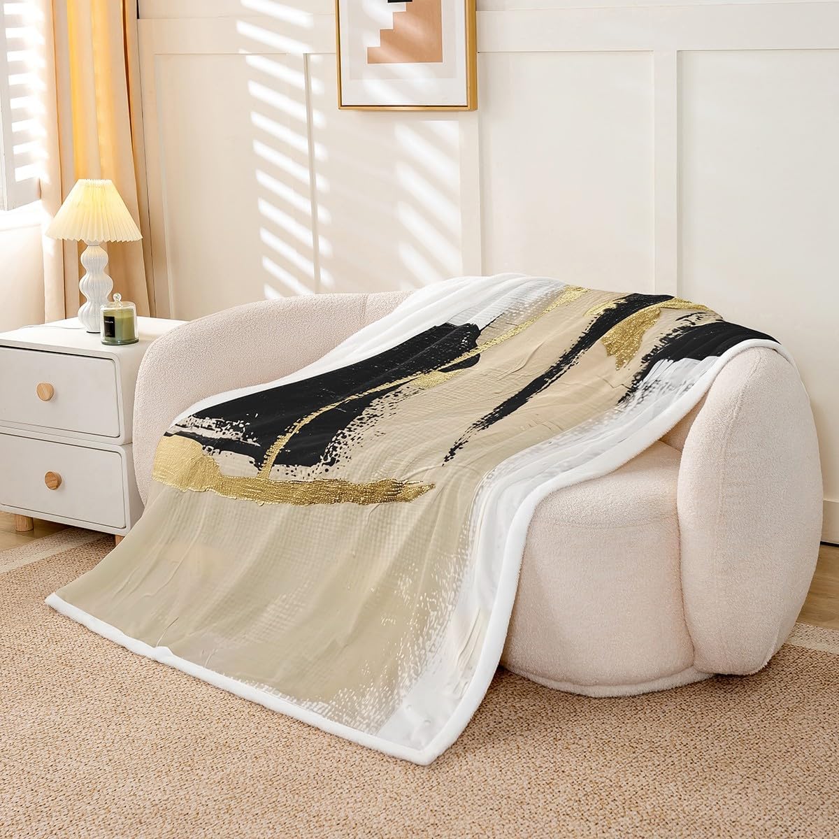 jejeloiu Abstract Art Sherpa Blanket Plush Fuzzy Retro Watercolor Artwork Design Fleece Throw Blanket for Kids Boys Girls Teens Room Decor Black Gold Baby 30"x40" Soft
