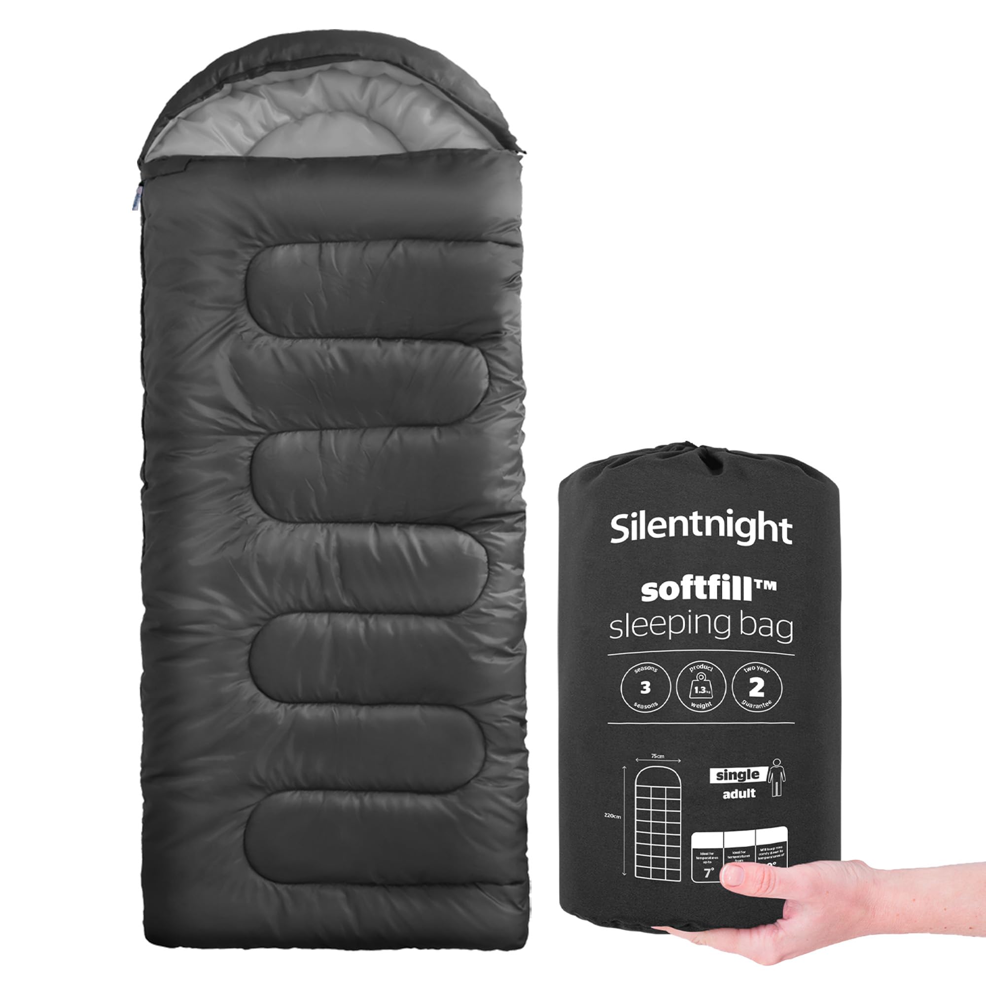 Silentnight Sleeping Bag for Adults - 3 Season Lightweight Soft Thick Cosy Warm Mummy Sleeping Bag for Spring Summer Camping Hiking Outdoor Travel for Warm and Cold Weather - Black