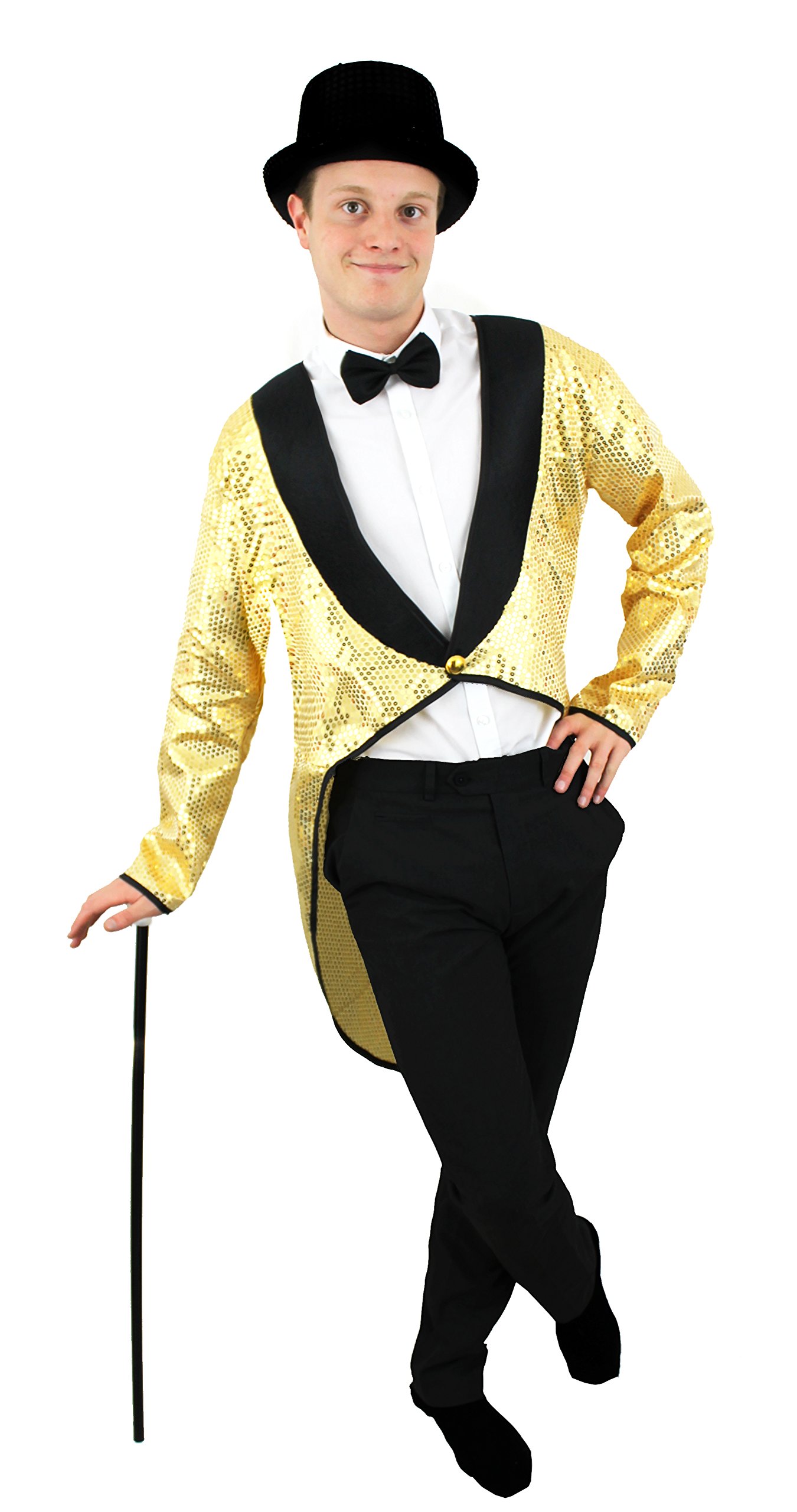 MENS GOLD SEQUIN TAILCOAT + BLACK TOP HAT FANCY DRESS ACCESSORY SET DANCE SHOWS MUSICALS OUTFIT CABARET UNISEX TAIL COAT (MEDIUM - UPTO 42 INCH CHEST)