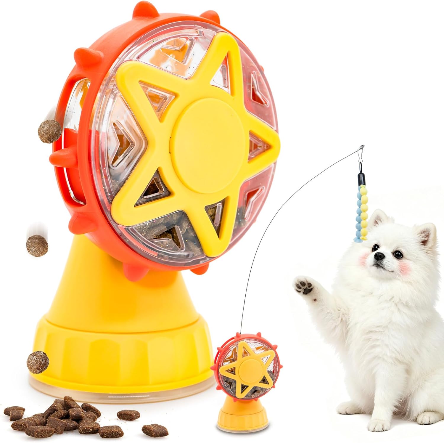 LumoLeaf Interactive Treat Toy for Puppies, Small Dogs & Cats, Treat Dispensing Puzzle Toy with Adjustable Opening, Suction Cup Base & Teaser Wand, Indoor Enrichment Toy for Boredom Relief (Yellow)
