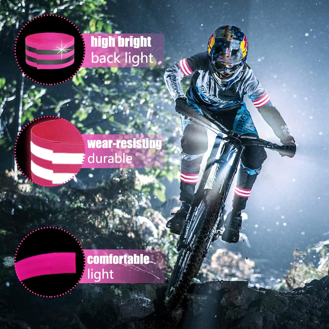 VERY IMPORTANT RUNNER - Bracciali Riflettenti - Fascia Riflettente Elastica con Chiusura Regolabile da 8 cm e Striscia Riflettente 2 cm - Braccia, Gambe e Caviglie (Nero, 4 Pezzi