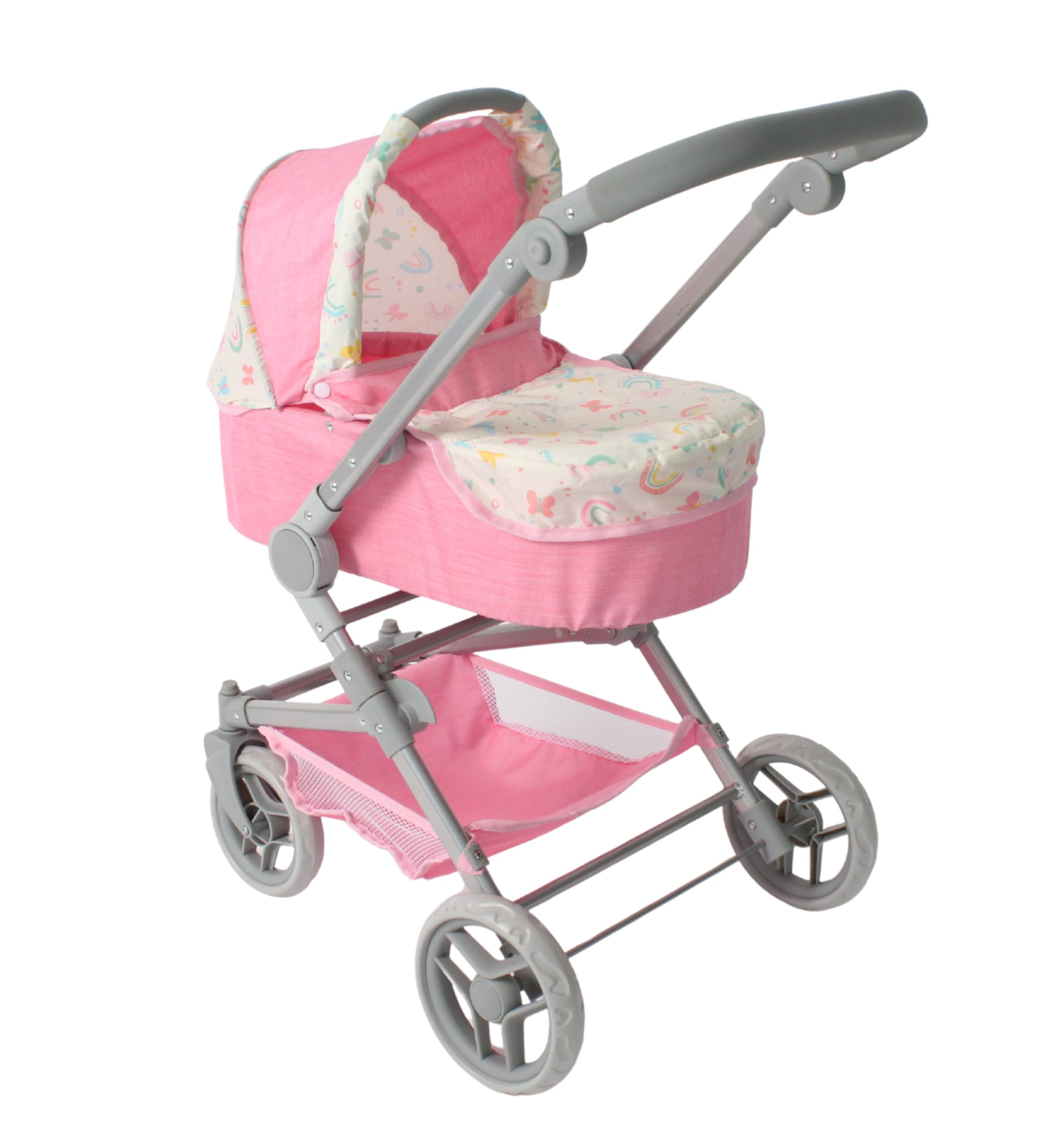 Bayer Chic 2000 - Carrozzina per bambole Fides, set passeggino 3 in 1 composto da navicella, seggiolino sportivo e seggiolino auto, farfalle, rosa