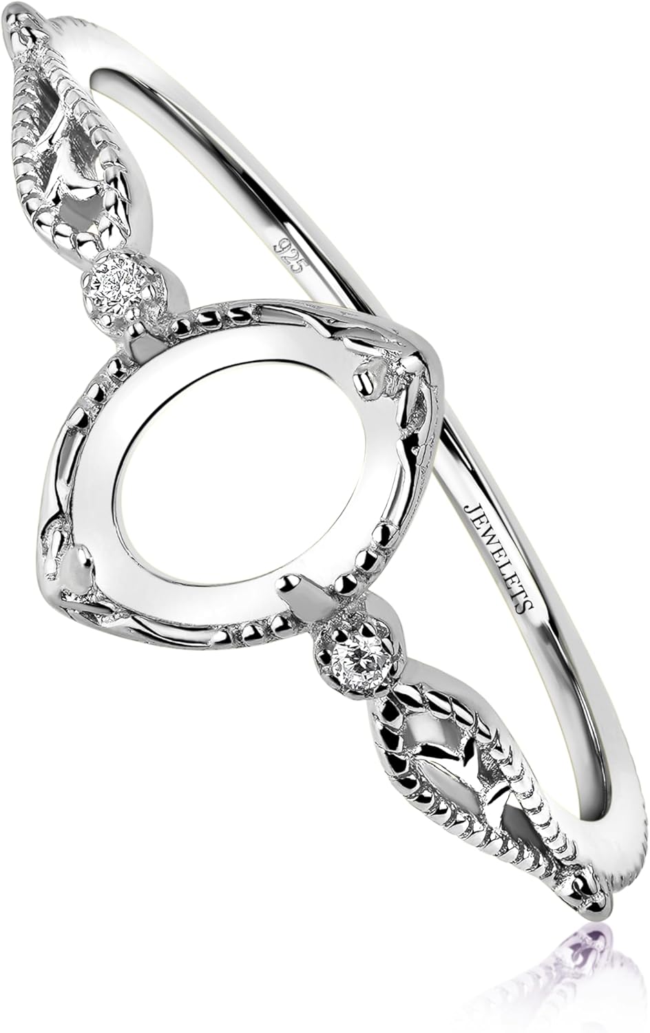 Sterling Silver 6x8mm Ring Blank – Bezel Setting with Side Cubic Zirconia & Rhodium Plated, Semi Mount Ring Base