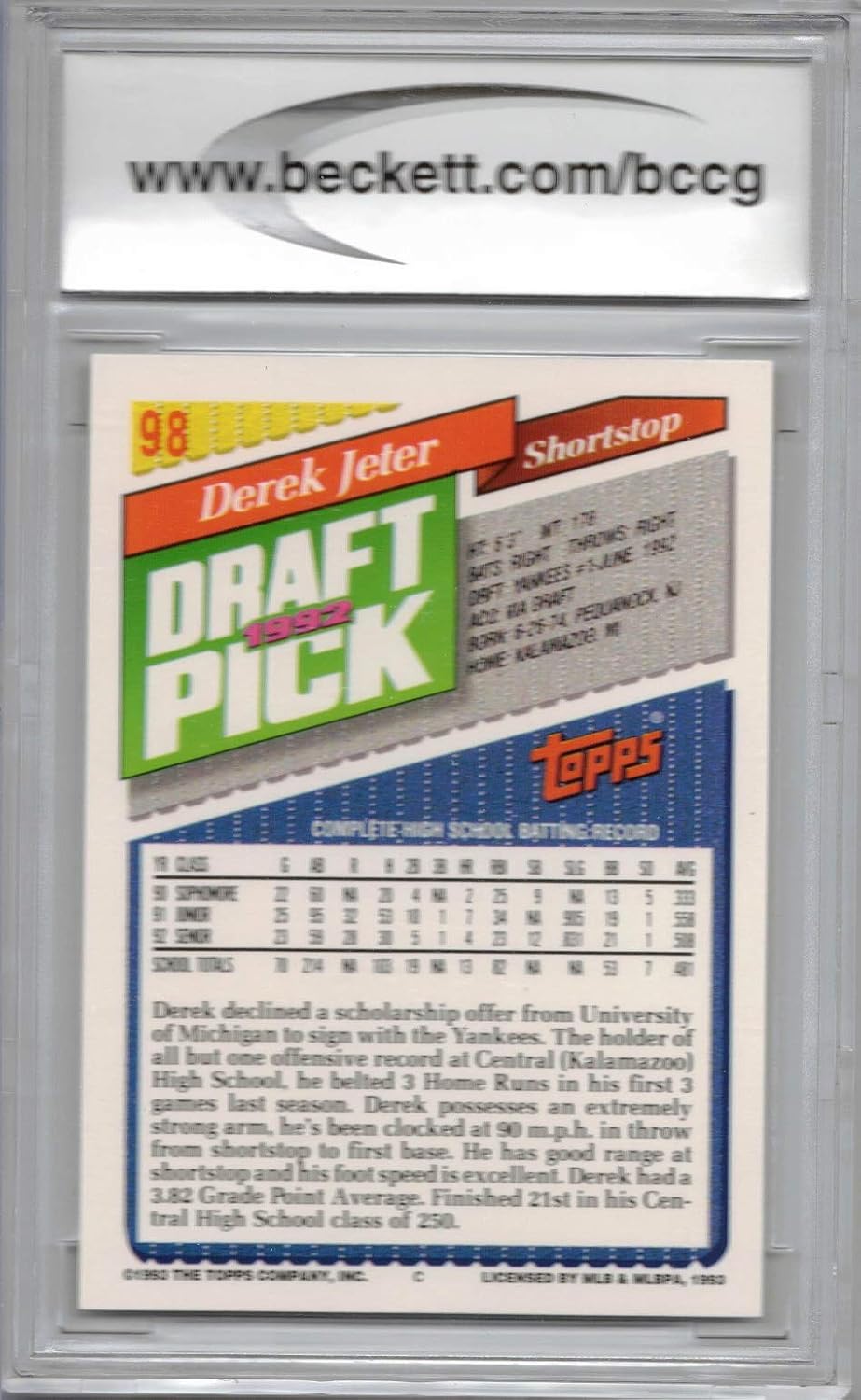 1993 topps #98 DEREK JETER new york yankees rookie card BGS BCCG 9 Graded Card