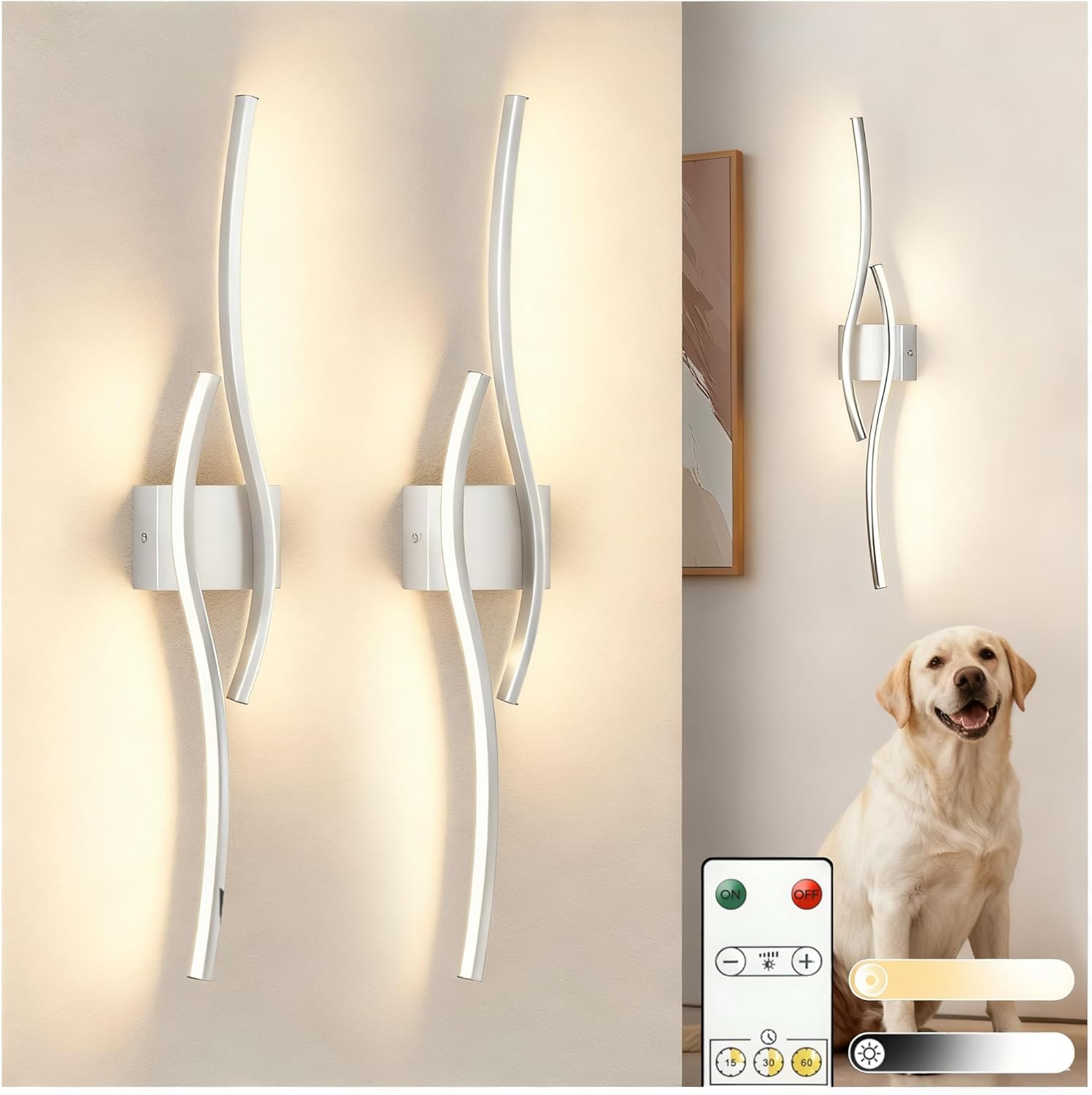 L LOHAS LED Battery Operated Wall Sconces Set of 2, Battery Wall Sconce 7200mAh, Nickel Rechargeable Sconces 3000K, 31.6 Inch Dimmable Wireless Wall Lights, Sconce Wall Decor for Bedroom, Living Room Nickel 31.6in