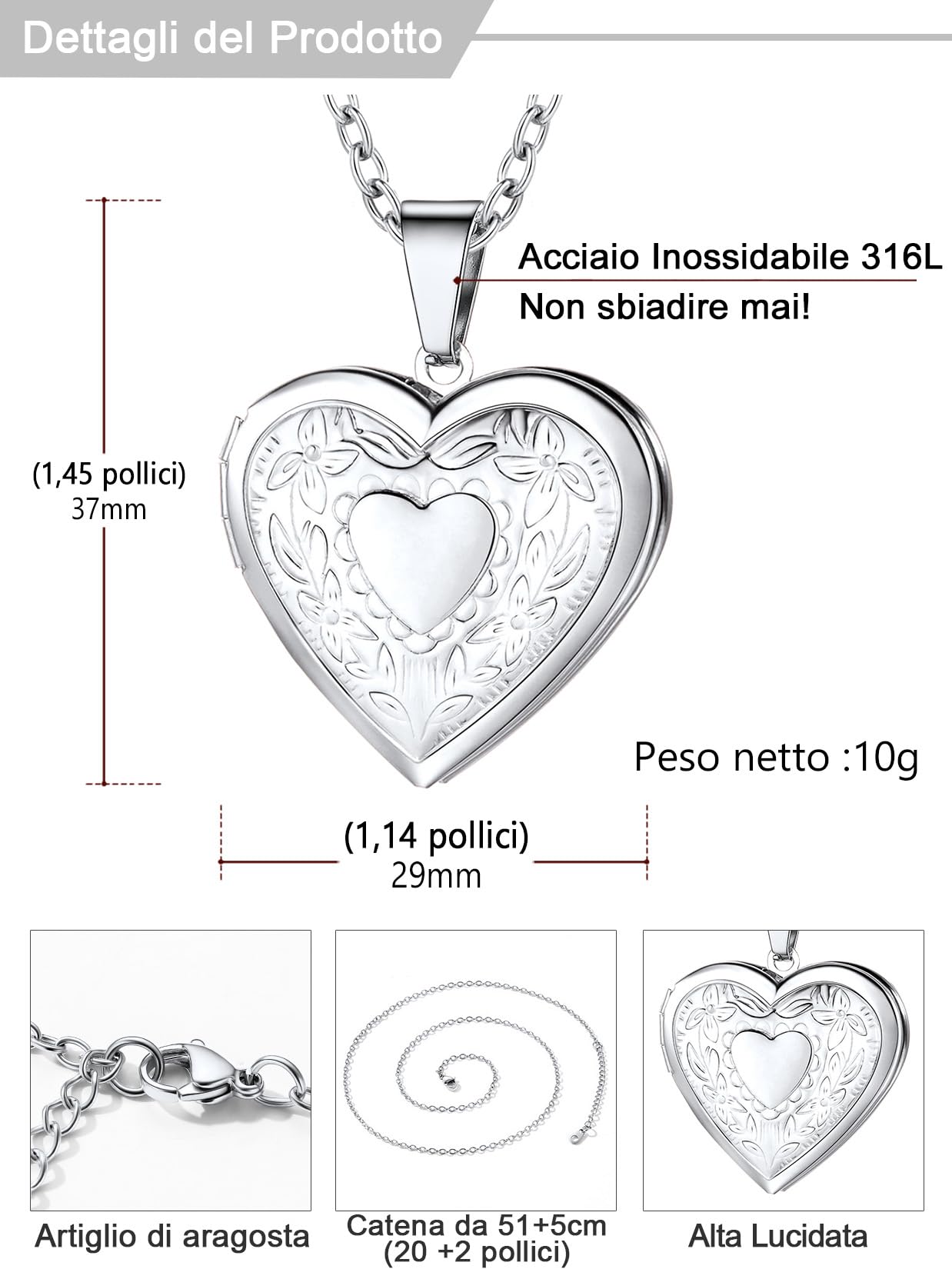 U7 Collana Donna con Foto Personalizzata 4 Stili Ciondolo Medaglione Portafoto Cuore Apribile in Acciaio Inossidabile Argento Rosa Oro Collana Personalizzata con foto Regalo per Mamma Donna Ragazza