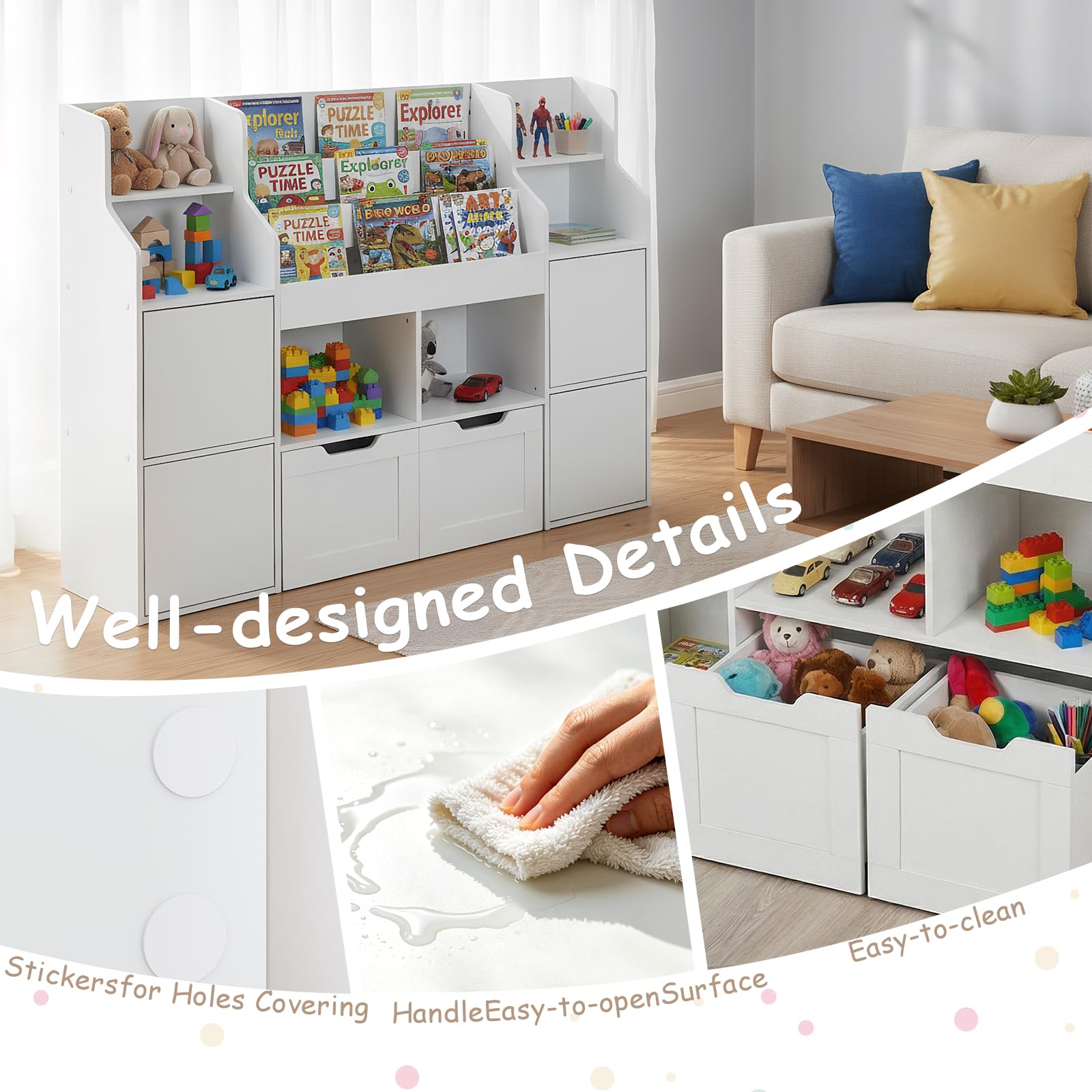 Mobile Porta Giochi, Libreria Montessoriana per Bambini a 6 Scomparti Aperti e 4 Ante, Mobile Giochi a 2 Cassetti su Ruote, per Cameretta e Stanza dei Giochi, 122x30x100cm Bianco