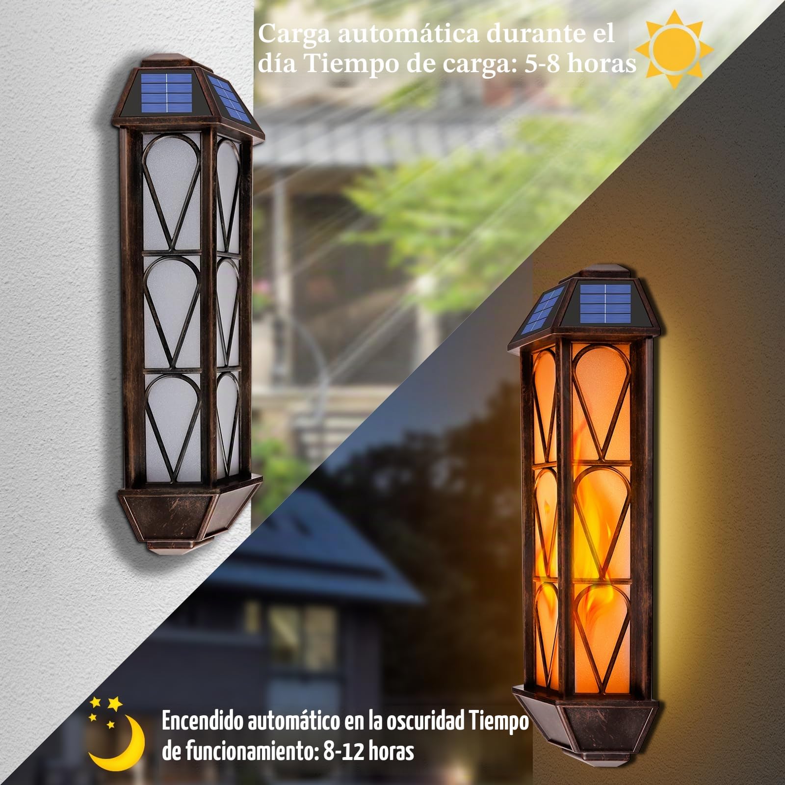 Apliques solares de llama para exteriores, 74 luces LED parpadeantes, apliques con encendido automático, impermeables, luces de pared para decoración de puerta de garaje, jardín, porche, patio, 2