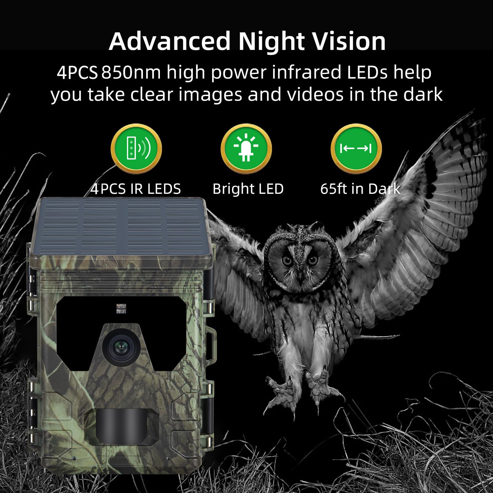 Caméra de chasse solaire 4 K 36 MP avec vision nocturne, déclenchement rapide 0,1 s, IP66 étanche, caméra de chasse pour surveillance de la faune avec carte micro SD 32 Go