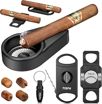 TISFA Cigar Ashtray Set, Portable Ash tray for Outdoor, Hole Punch, V Cutter with Draw Enhancer and Holder, Straight Cutter with Stand, Cigar Accessories Ashtray Gift Set