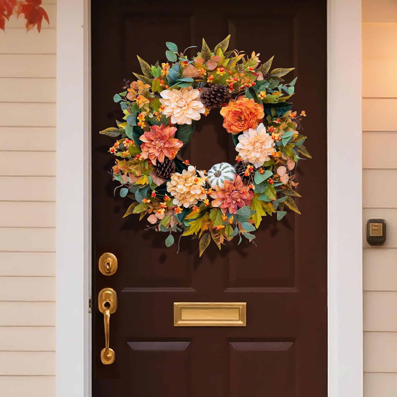 Fall Wreaths for Front Door Outside-24 Inch Autumn Wreath with Dahlia Flowers, Pumpkins, Pinecones, and Eucalyptus Leaves Large Fall Wreath for Thanksgiving, Halloween, Indoor Outdoor Door