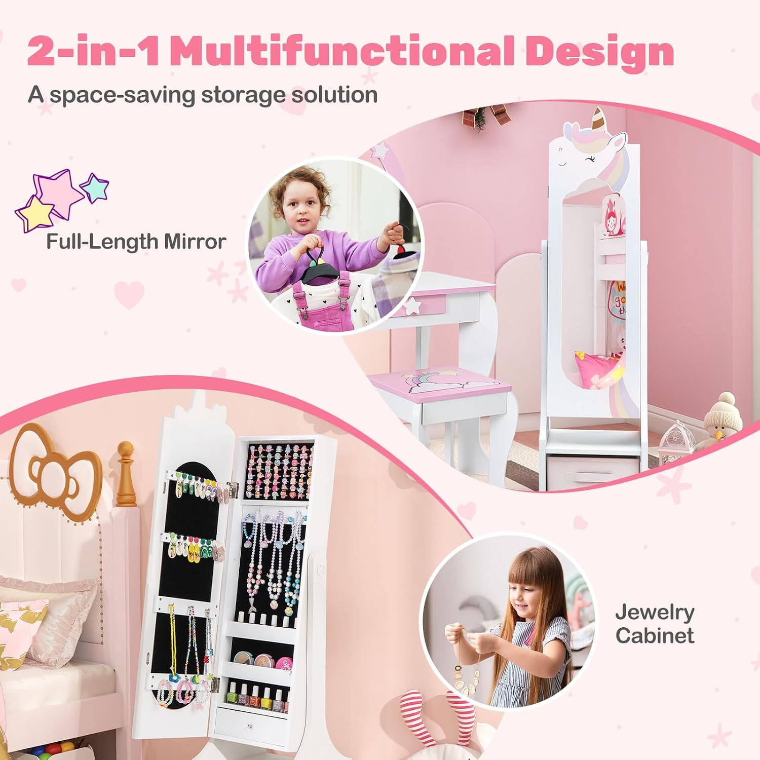 HONEY JOY Kids Jewelry Armoire Cabinet, Horse Themed 45.5" Wooden Standing Jewelry Organizer w/Full-length Mirror & Storage Box, Children Dress Up Vanity Jewelry Cabinet for Girls (White)