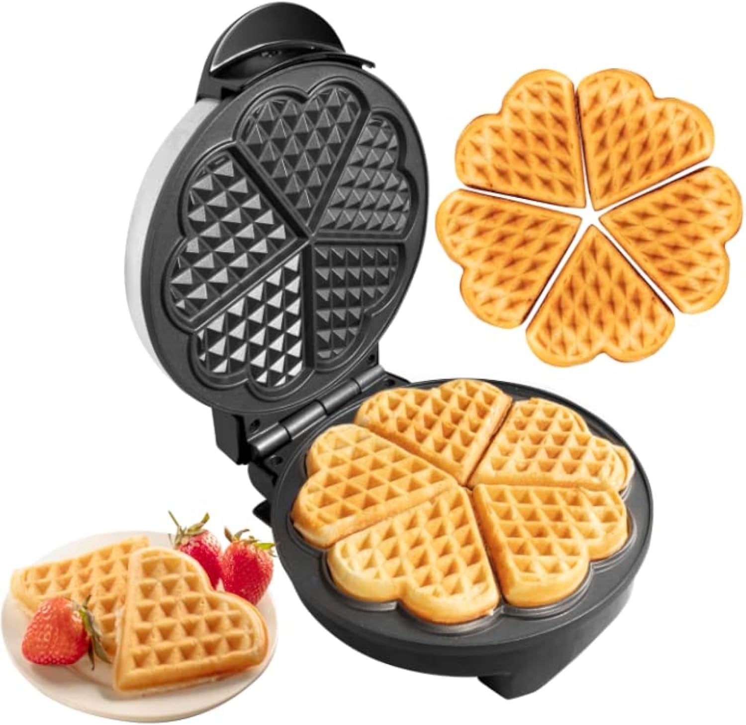 Heart Waffle Maker- Make 5 Mini Heart Shaped Waffles, Special Loved Ones Breakfast- Easy Clean Non-stick Baker, Electric Waffler Griddle Iron with Adjustable Temperature Control- Mother's Day Gift