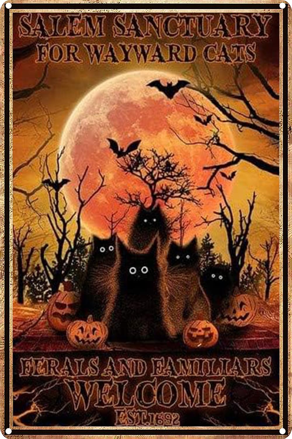 Salem Sanctuary for Wayward Cats Halloween Cat Pumpkin Tin Sign Fall Tin Signs for Kitchen Home Office Bar Cafe Decor 8x12 Inch