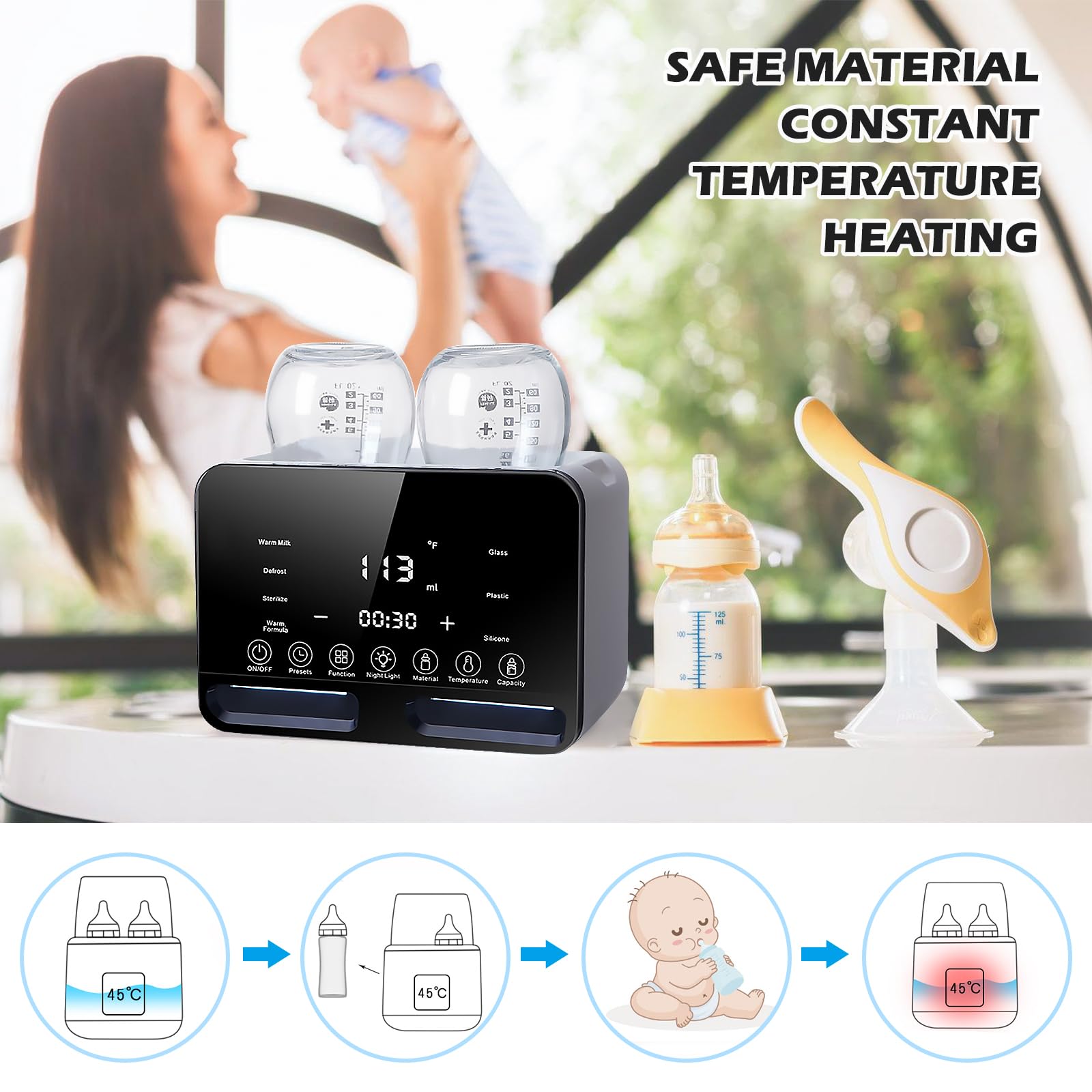 PORFOYO Flessenwarmer Baby voor 2 flessen, sterilisator voor babyflessen, multifunctionele flessenwarmer, flessenwarmer melkwarmer, babyvoedingwarmer met LCD-display voor alle babyflessen