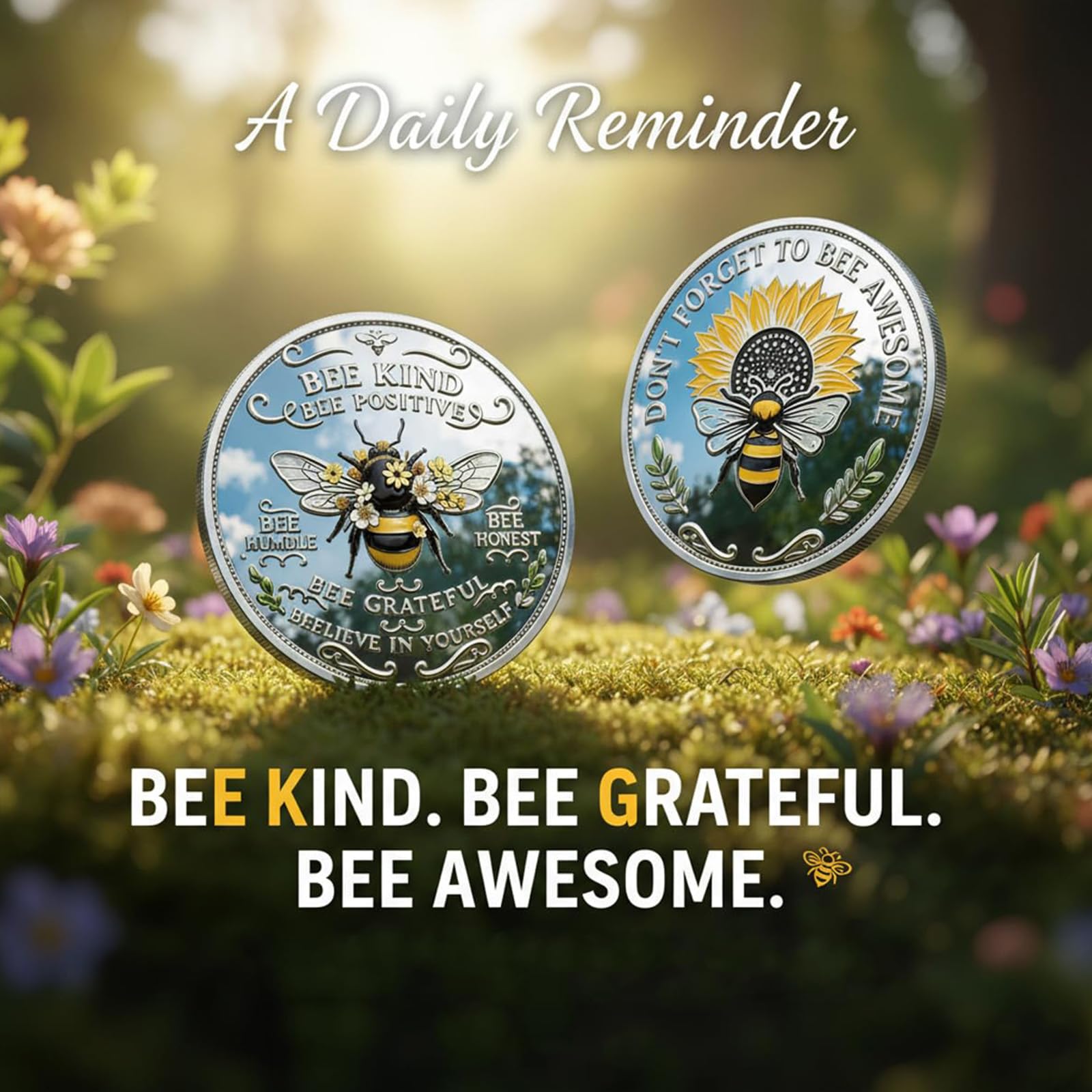 Moneda de positividad tipo abeja, ficha de abeja inspiradora de doble cara con diseño de girasol y laurel, moneda de desafío motivacional para la afirmación diaria (3pcs)