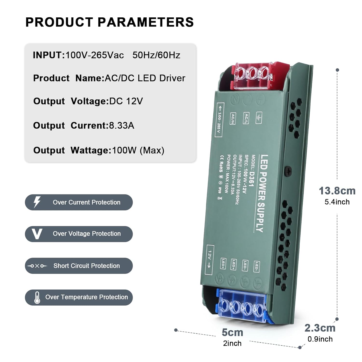 QNNP® LED Driver 100 Watts 12V DC Low Voltage Transformer Power Supply Transformer Adapter AC 110V to 12V DC, LED Power Supply for Indoor LED Lighting