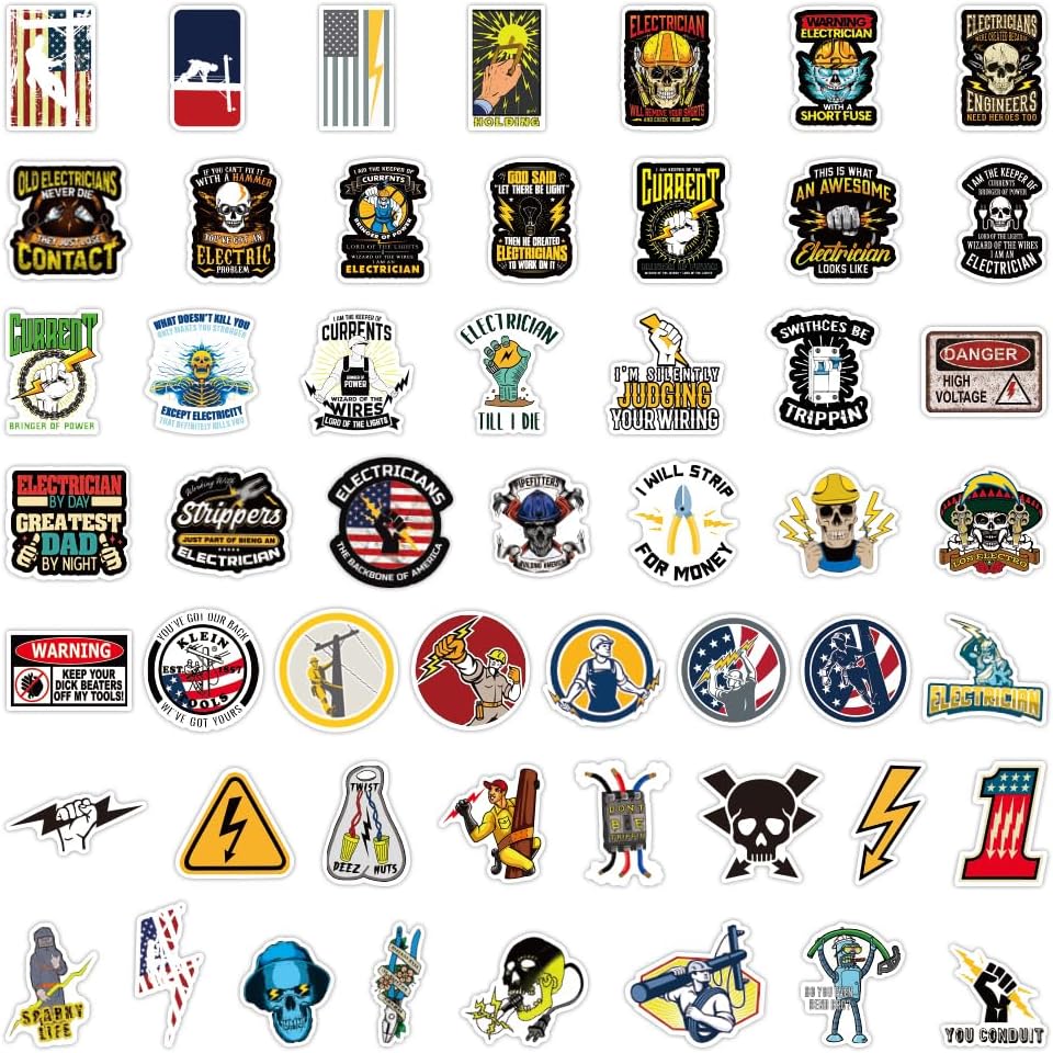 Electrician Stickers, 50 Pcs Assorted Vinyl Decals for Hard Hat Toolbox, Laptop - Professional & Funny Designs