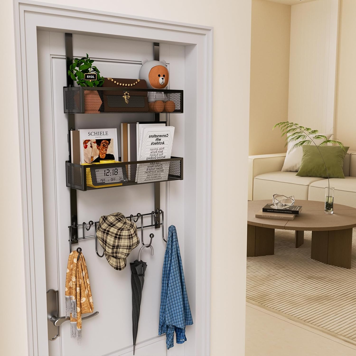 HapiRm Over the Door Hanger with Coat Hooks and 2 Baskets, Rustproof & Waterproof Over the Door Hooks, Storage Organizer for Hats, Bathroom, Kitchen, Bedroom, RV, Camper-Black (for 1.76in Doors)