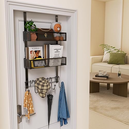 Miniatura 22 de HapiRm Gancho para puerta con 2 cestas de malla y 9 ganchos, acero inoxidable 304 sin perforaciones sobre el colgador de puerta, organizador