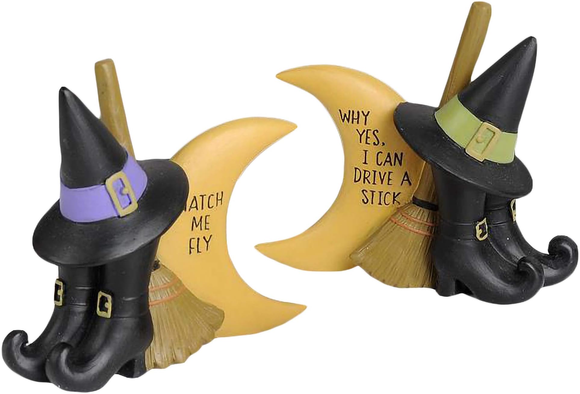 Blossom Bucket Watch Me Fly Witch Hat Broom Moon Boots 3 x 3.25 Inch Resin Stone Halloween Tabletop Decorative Figurines, Set of 2