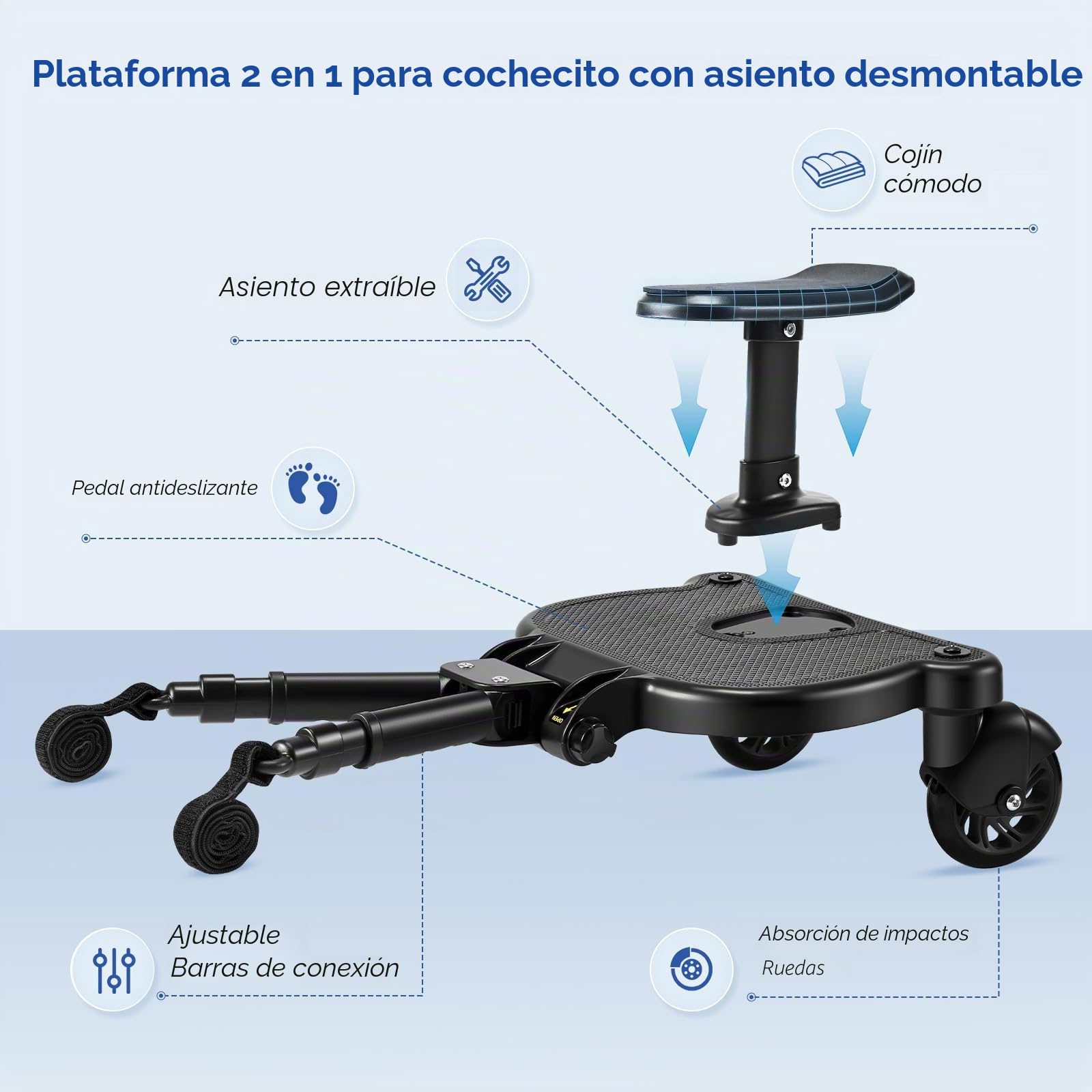 Patin Carro Bebe Universal con Asiento,Buggy Board para niños con bolsa,Diseño estable de dos ruedas, con correa de suspensión,Accesorio para cochecito para niños de 2 a 6 años (25 kg),negro