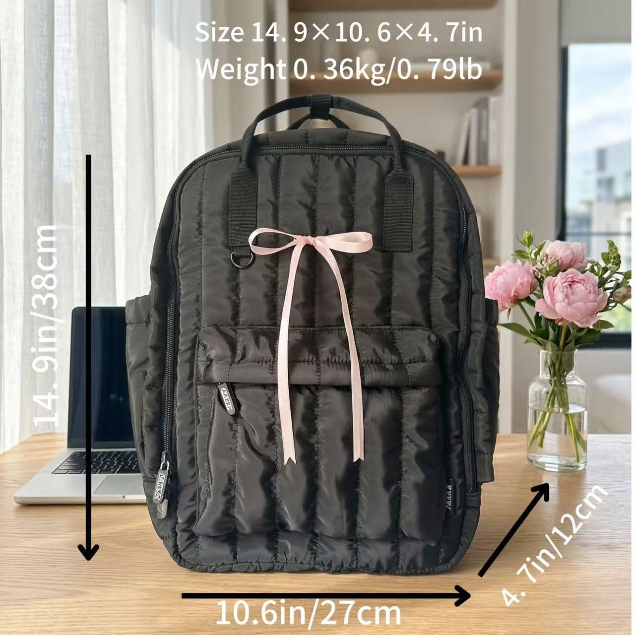 Cute Puffer Laptop Backpack,Black Quilted Casual Daypack with Bow,Puffer Backpack for Women,Water-Resistant Bookbag For14Inch Laptop (Quilted)