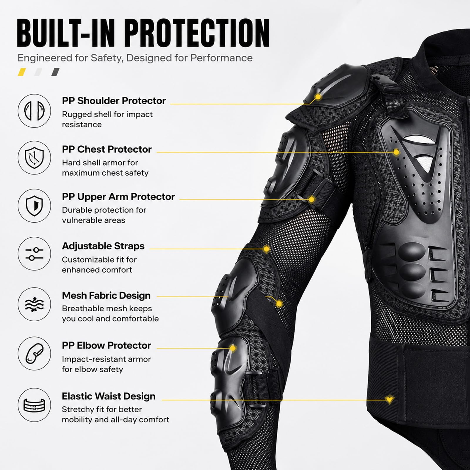 Conjunto de Protección Integral para Moto Armadura de Motocross de Alto Impacto para Hombre con Chaleco Protector de Pecho y Espalda Equipo Transpirable para Dirt Bike y Off Road,Black-4XL