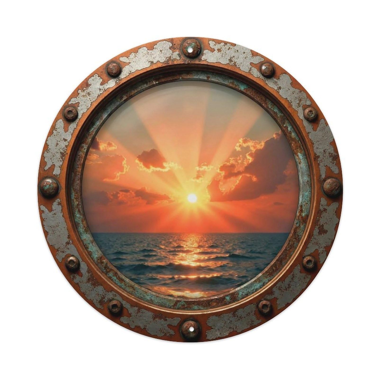 Vintage Porthole Fiery Sunset Nautical Window View Vintage Metal Tin Sign Plaque Wall Decor for Cafe, Club Bar, Office, Garden Metal Poster 8x8Inch