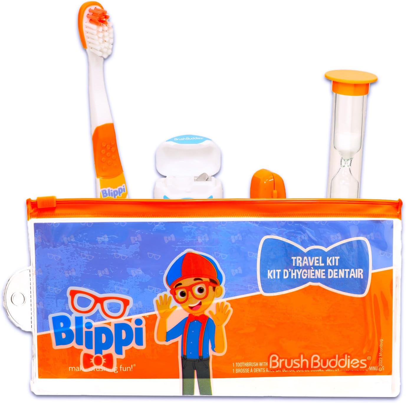 Blippi Toothbrush Travel Set for Kids - Bundle with Manual Toothbrush, Cap, Floss, Timer, Bag, Stickers and More for Boys, Toddlers | Blippi Oral Care Travel Kit
