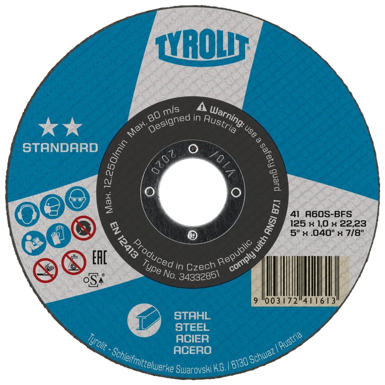 Tyrolit 367781 STANDARD Discos de Corte, 42, A30S-BF, 115 x 2.5 x 22.23 mm Dimensiones, Caja de 25