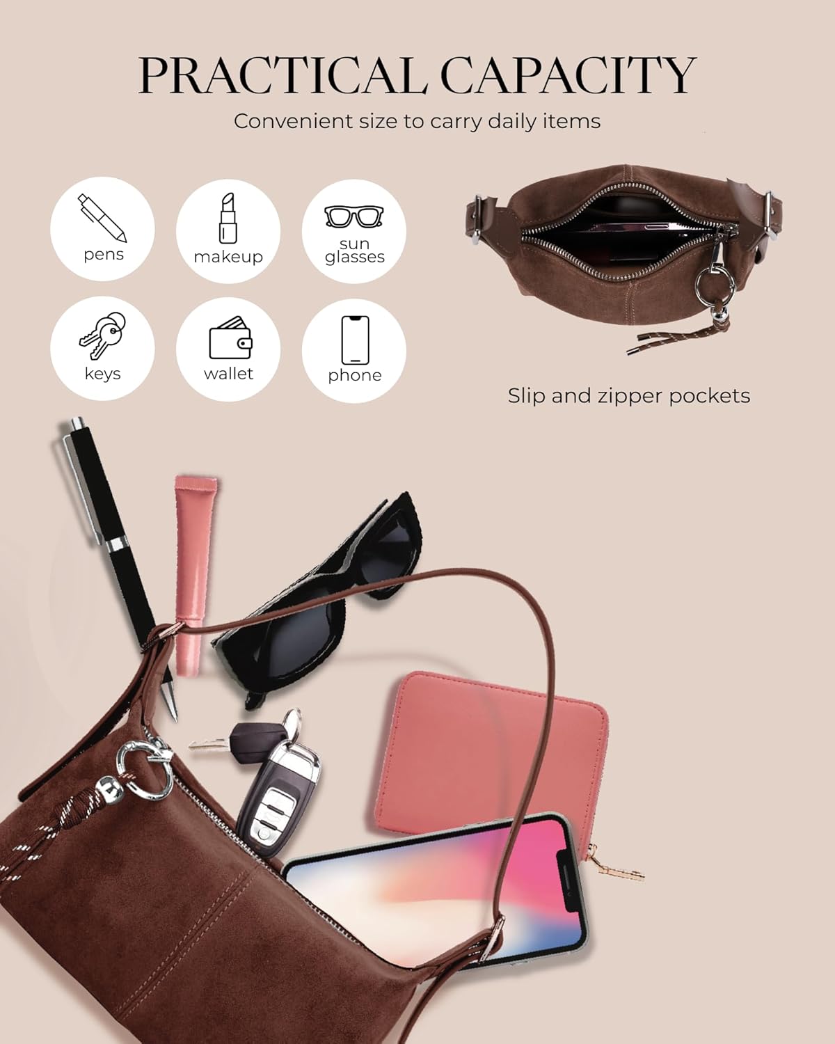 Small Shoulder Bag for Women -Crossbody Bag for Women, Mini Slouchy Shoulder Purse with Cute Keychain Charm &Adjustable Strap