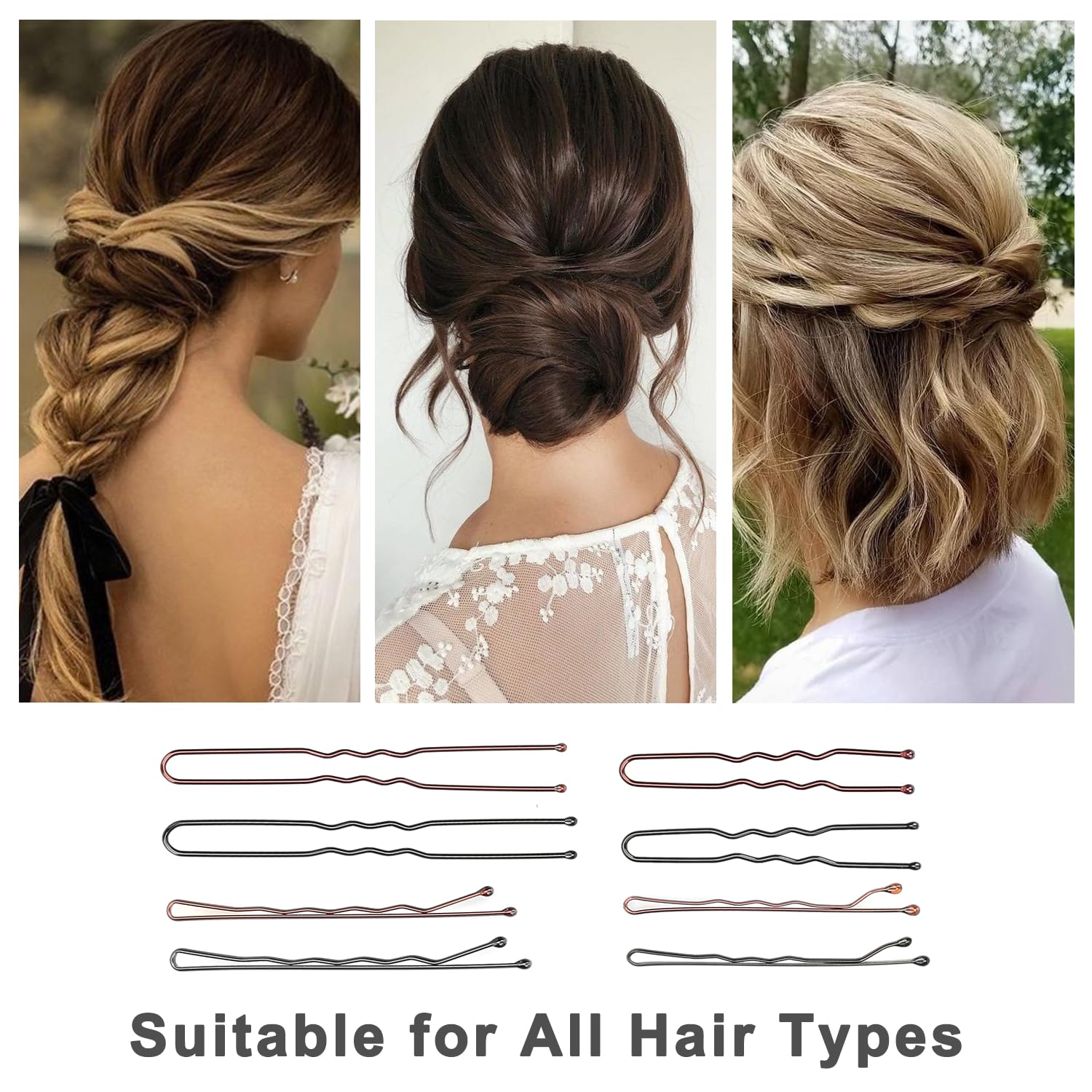 250 horquillas para el cabello, cabello castaño con caja de almacenamiento, pasadores ondulados de 2 pulgadas, 2.4 pulgadas, horquillas en forma de U de 2 pulgadas y 2.8 pulgadas, adecuadas para todo 5