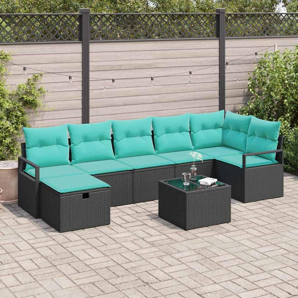 Sofa z poduszkami, 8 szt., czarna i turkusowa, polirattanowa, sofa ogrodowa, na balkon, kanapę, odporna na warunki atmosferyczne, modułowa, z miejscem do przechowywania na taras i do ogrodu