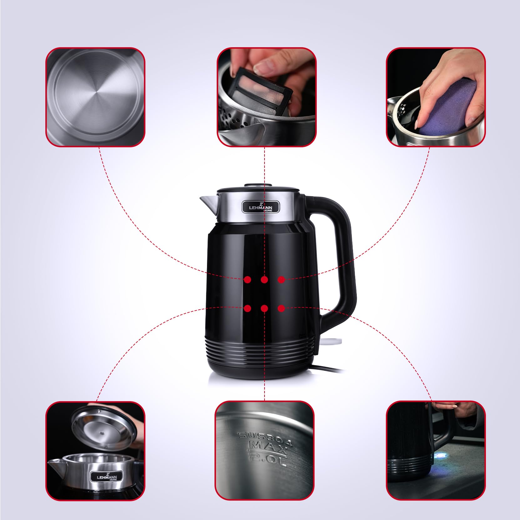 LEHMANN Elektrischer Wasserkocher Edelstahl 2L, 2200W, Schnelles Aufheizen, Doppelwand Design, Abschaltautomatik und Überhitzungsschutz, BPA-frei, Ideal für Großfamilien oder Büros, Schwarz