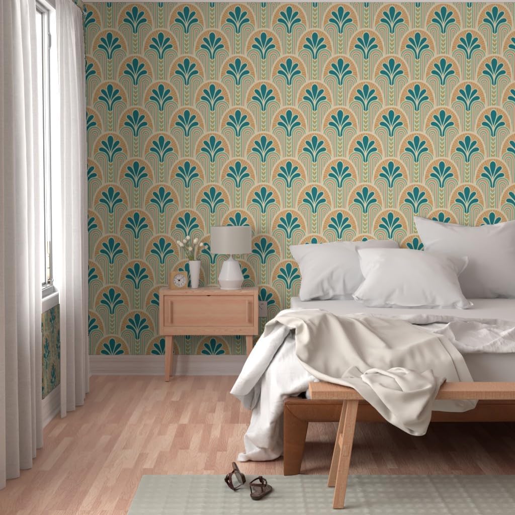 Spoonflower Removable Wallpaper Swatch - Beach Art Deco Vintage Retro Pastel Fan Colorful Teal Orange Custom Pre-Pasted Wallpaper