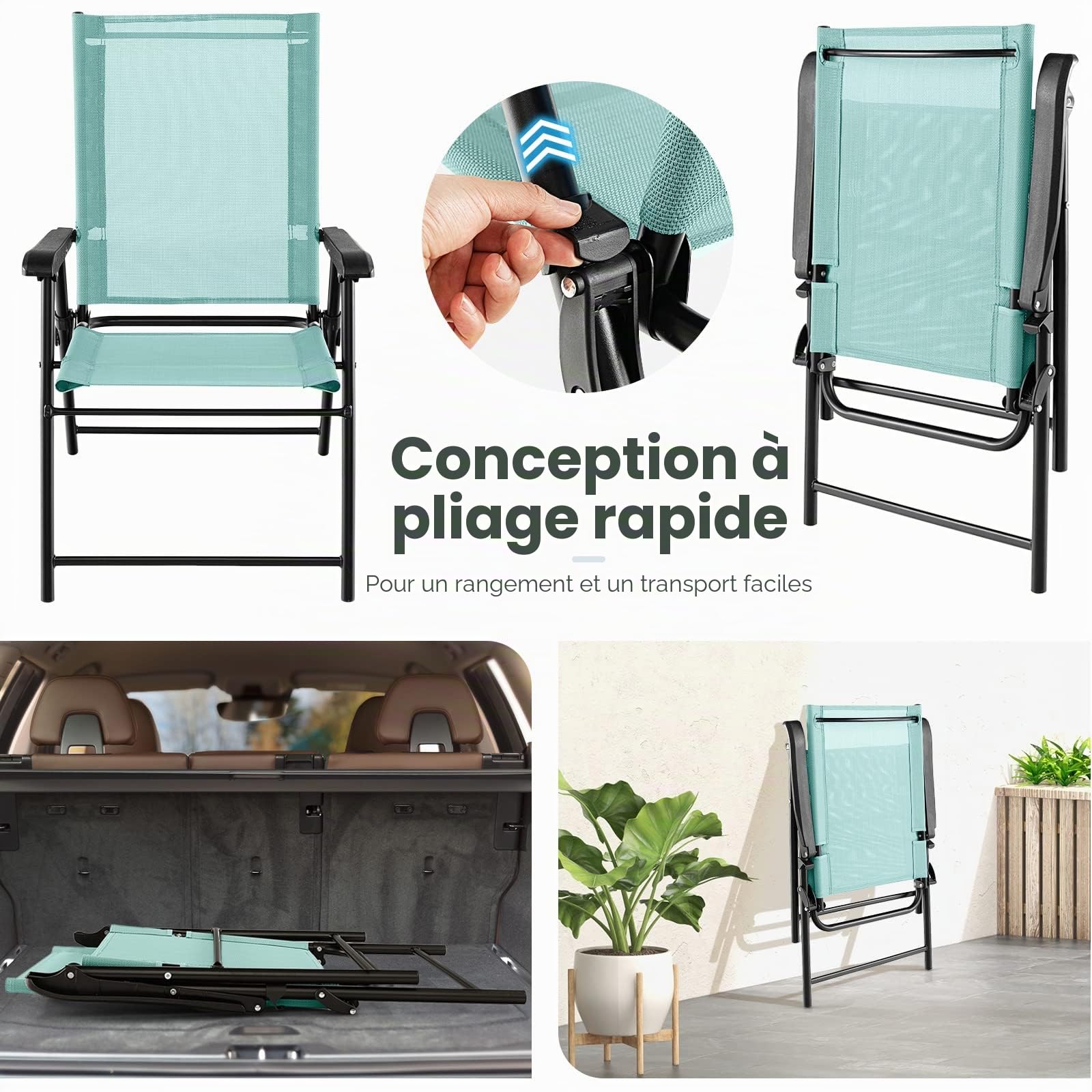KOMFOTTEU Chaises Pliantes, Chaises de Table à Manger de Jardin, Charge de 150 kg, Chaises d’Extérieur en Tissu avec Dossier, Résistantes aux intempéries, pour Balcon, Patio (Lot de 2, Vert Menthe)