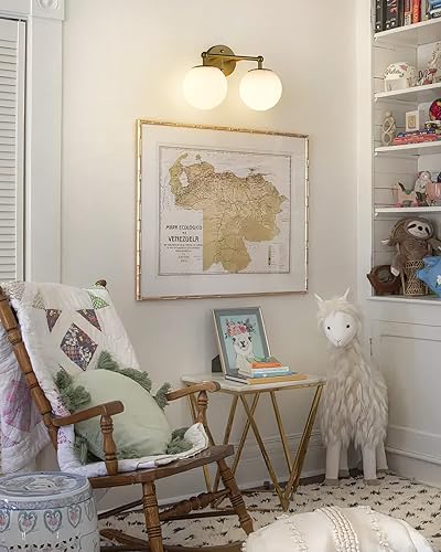 Miniatura 2 de KW-7308-2 - Lámpara de baño dorada, 2 luces de tocador sobre espejo de pared con globo de vidrio grabado blanco, KW-7308-2