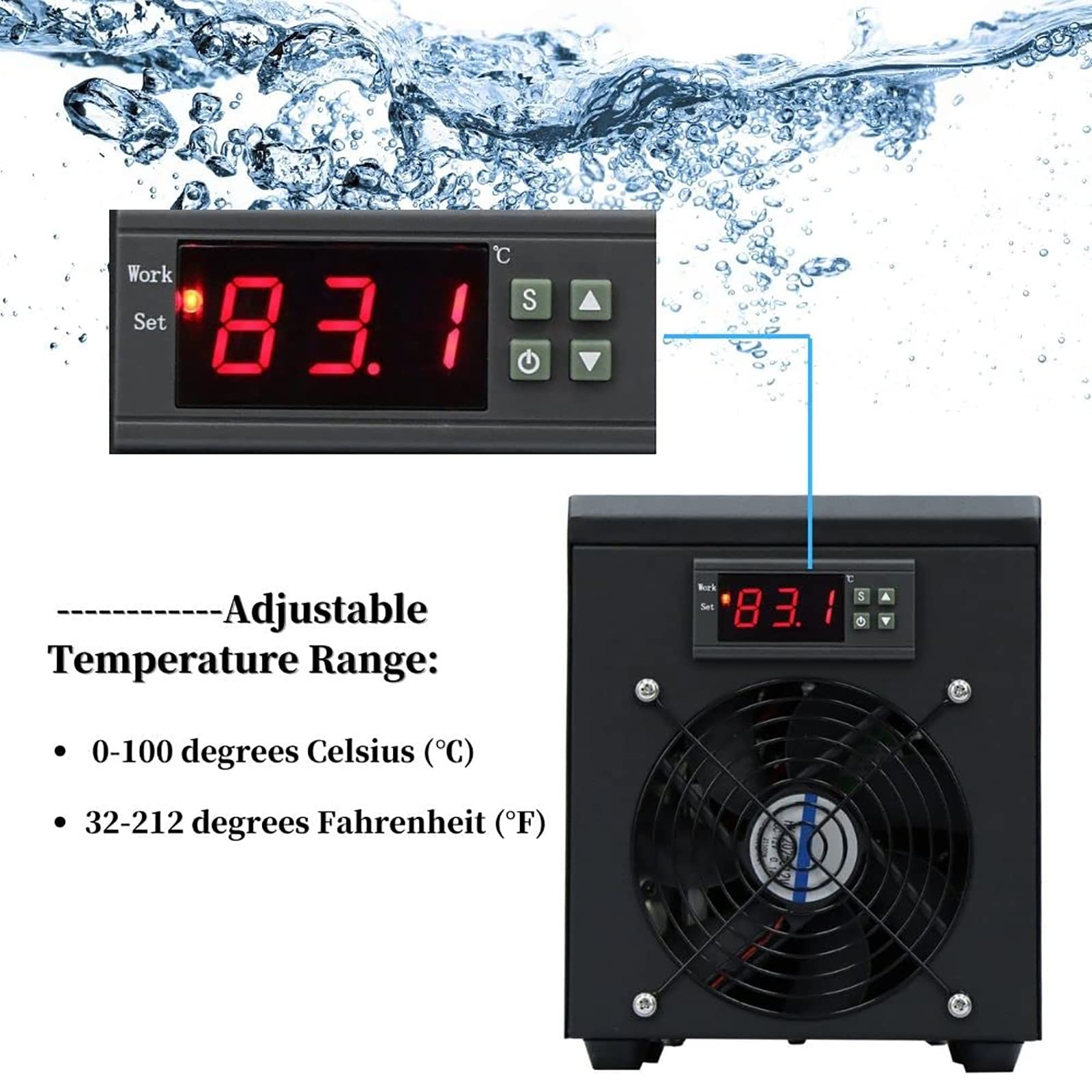 Refroidisseur et chauffe-eau pour aquarium avec pompe, plage de température de 50 à 104 °F, convient aux aquariums domestiques, crevettes, coraux, méduses, 16 gallons d'eau, débit de 200 à 300 L/H