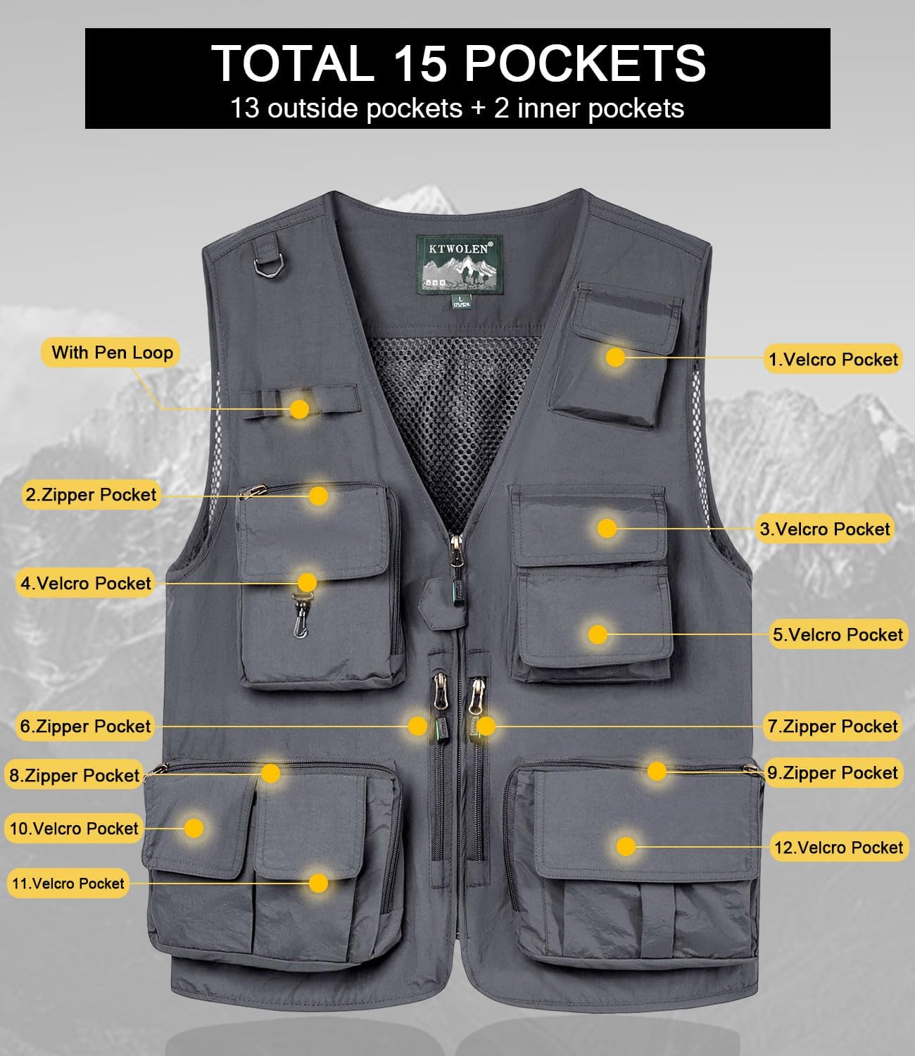 Men's Summer Outdoor Fishing Vest Hiking Travel Photo Vest Multi-Pockets Photography Utility Vest