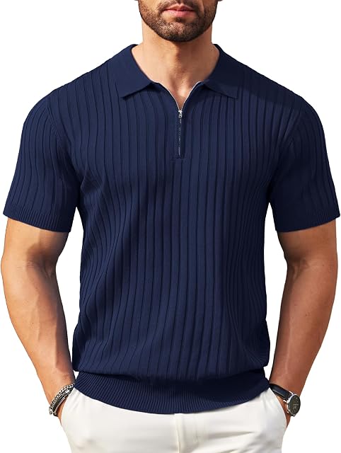 COOFANDY Polo zippée homme chemises manches courtes côtelées tricot Polo T chemises Mode Casual Golf chemises
