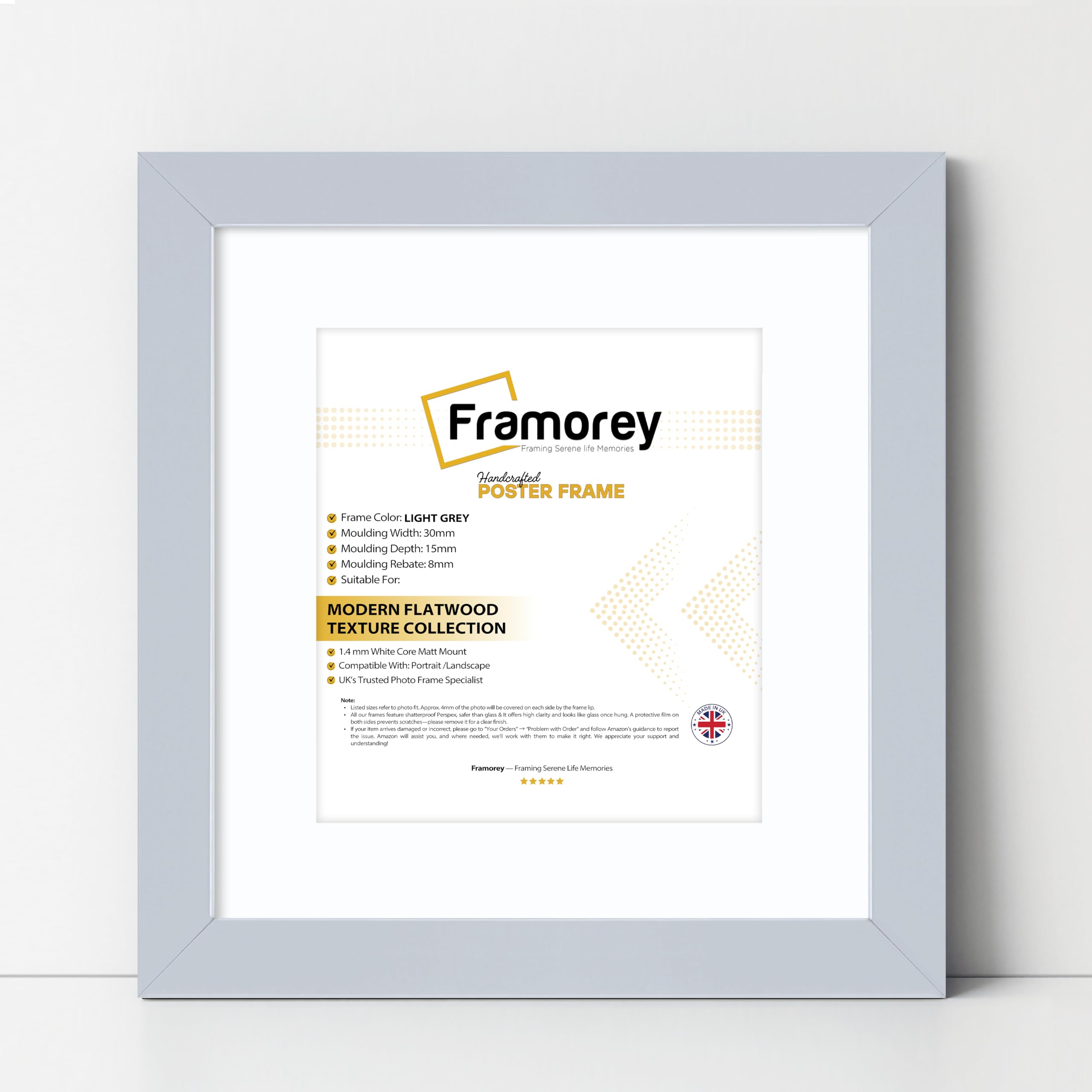 FRAMOREY Square Oxford Flat Wooden Effect Picture Frame, 12x12" Size Light Grey Photo Frame With 10x10" Size White Mount, Photo Print Frame, Best Photo Frames For Birthday Gift