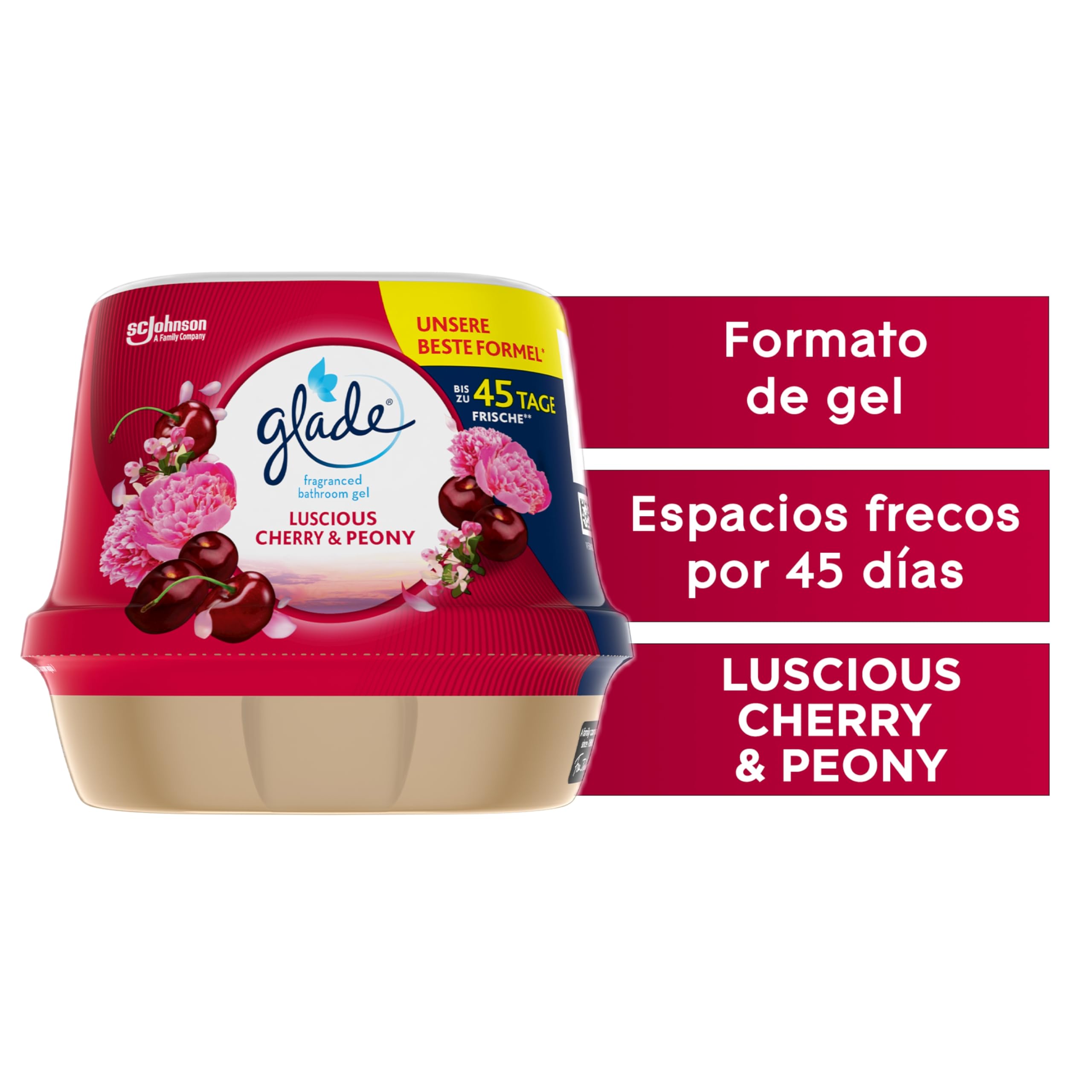 Glade Ambientador Gel de Baño Absorbeolores Sensual Sandalwood & Jasmine, Dura Hasta 45 Días, con Aceites Esenciales, 1 Gel