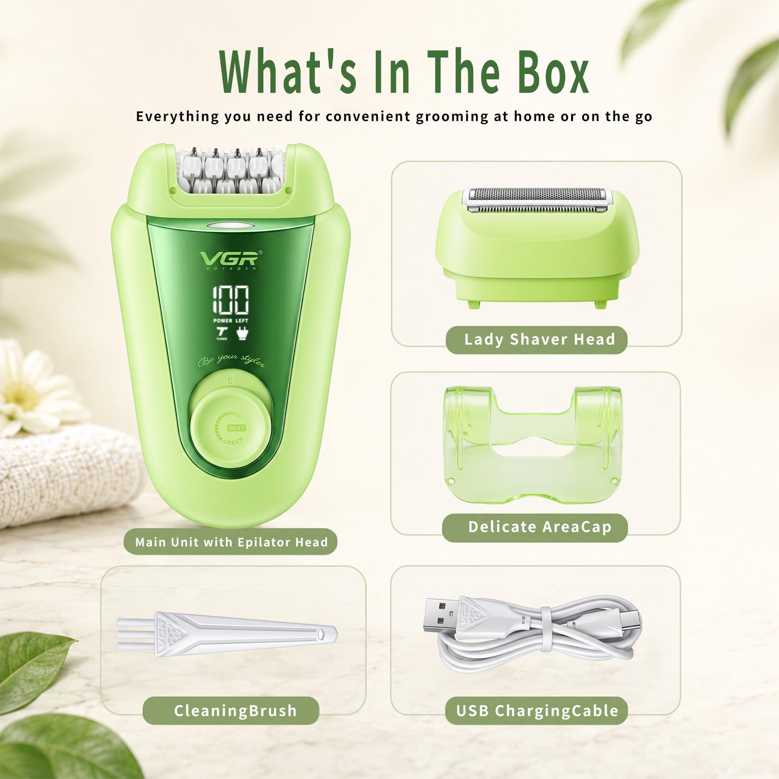 VGR 758 Epilatore elettrico 2 in 1 da donna, 32 pinzette, IPX7, Verde
