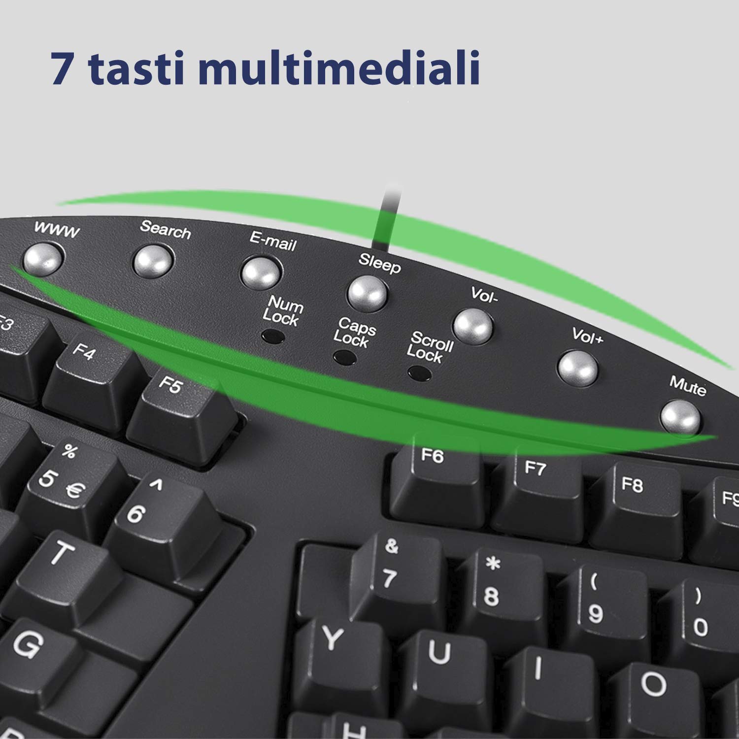 Perixx PERIBOARD-512 Tastiera Split Ergonomica Cablata USB, Design Suddiviso, con 7 Tasti Multimediali e Poggiapolsi Incorporato, QWERTY Italiana, Nera