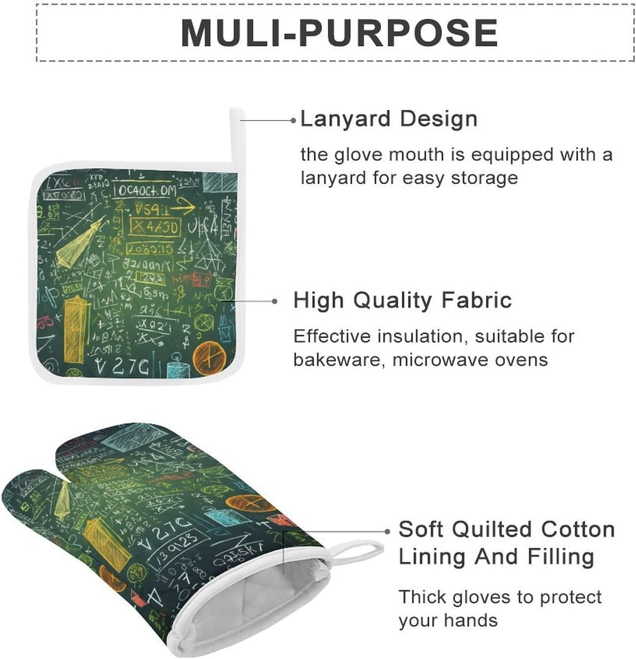 4-Piece Oven Mitts and Pot Holders Set Math Question Printed Heat-Resistant Polyester Kitchen Gloves and Potholders Comfortable & Durable for Cooking Baking and Grilling