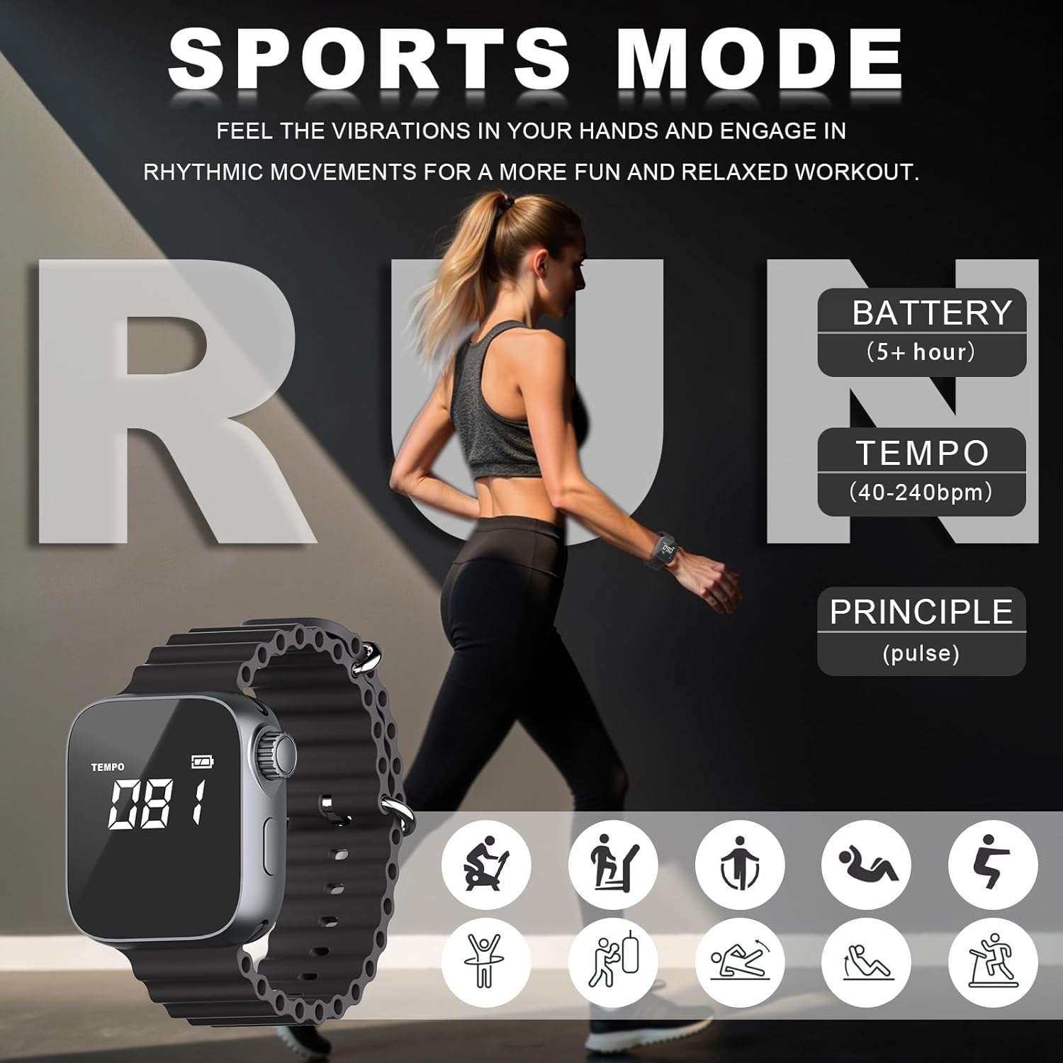Aklot Vibrating Metronome Watch, Switchable Metronome or Sport Mode, Precision Pulse Wearable Metronomes for Instrumental Beginners, Musicians, Exercisers with Magnetic Charging Cable, Manual (Black)