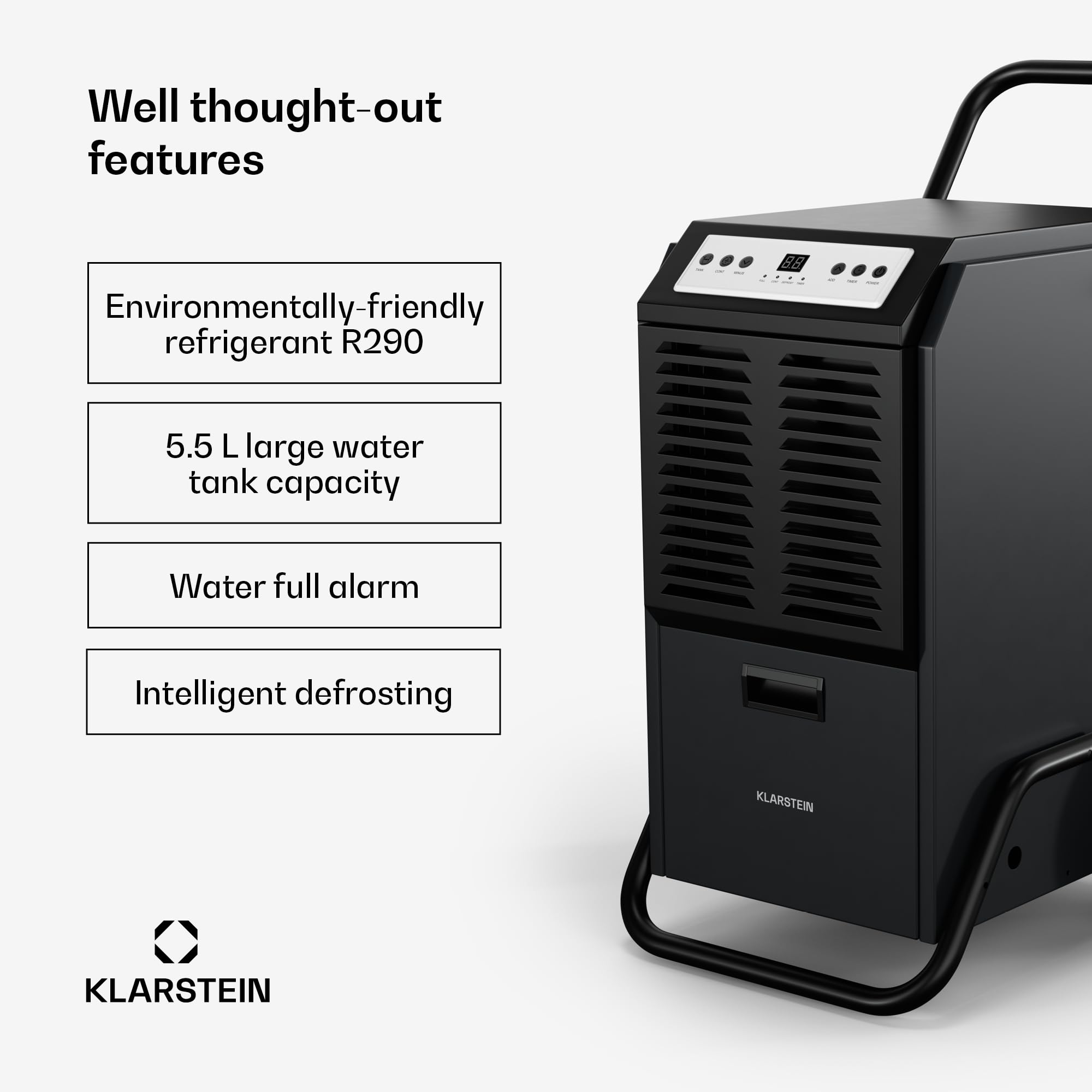 Klarstein DuraDry 50L Osuszacz powietrza - Elektryczny, 52 dB, Zbiornik 5,5 L, Automatyczne odszranianie, Filtr do mycia, Timer 24h, Do piwnicy i dużych pomieszczeń do 80 m², Antracytowy